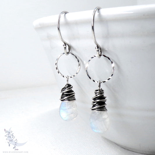 Dainty Moonstone Earrings · Sterling Silver Dangle Earrings