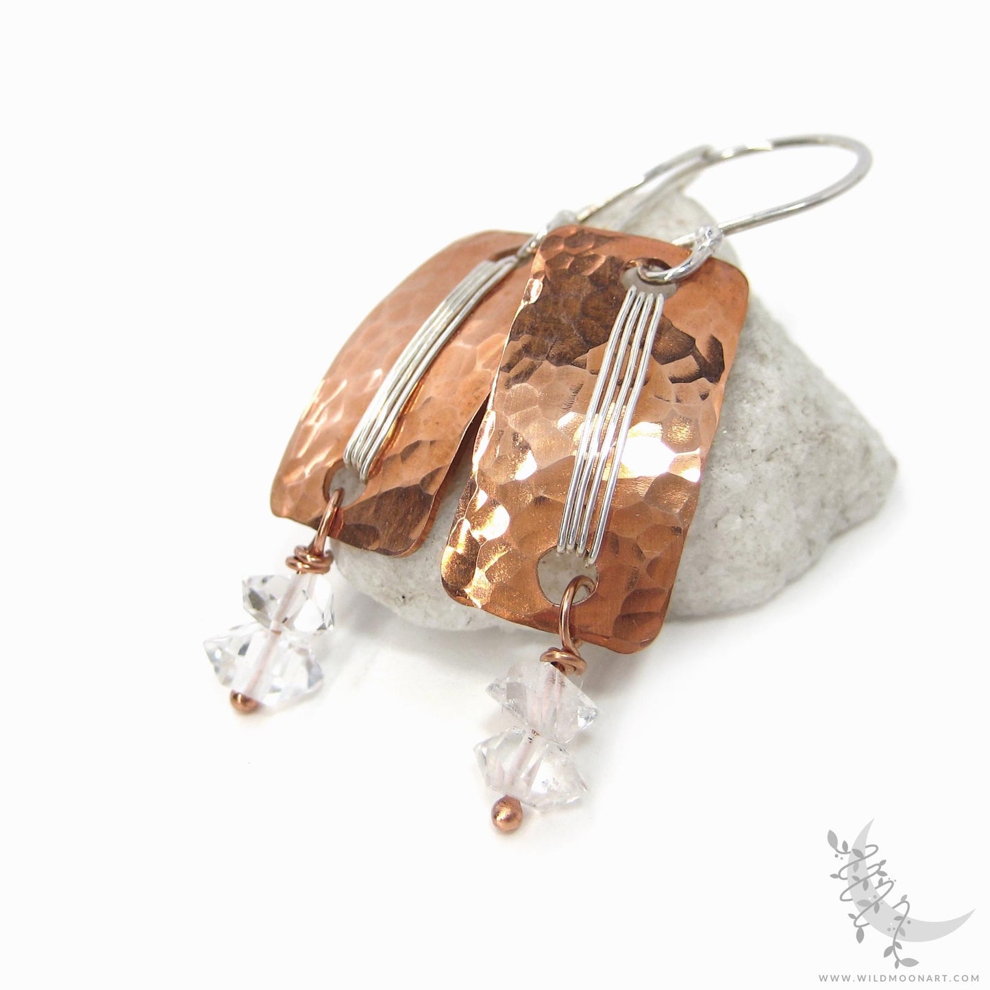 Herkimer Diamond Copper Earrings · Hammered Mixed Metal Sterling Silver Rectangle Dangle