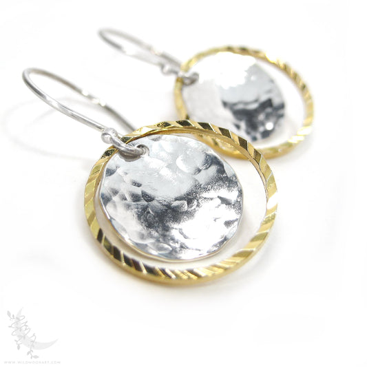 Silver & Gold Earrings · Mixed Metal Hammered Dangle Earrings