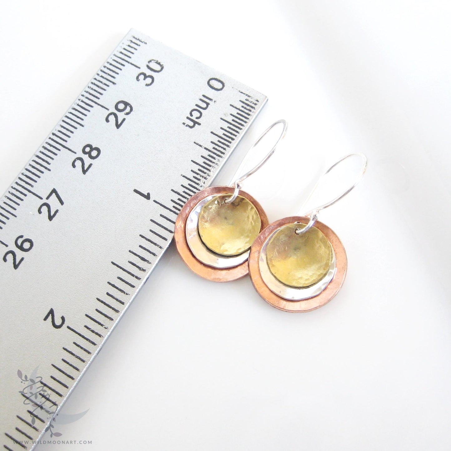 Mixed Metal Copper, Brass & Sterling Silver Earrings · Tri Tone Hammered Dangle Earrings