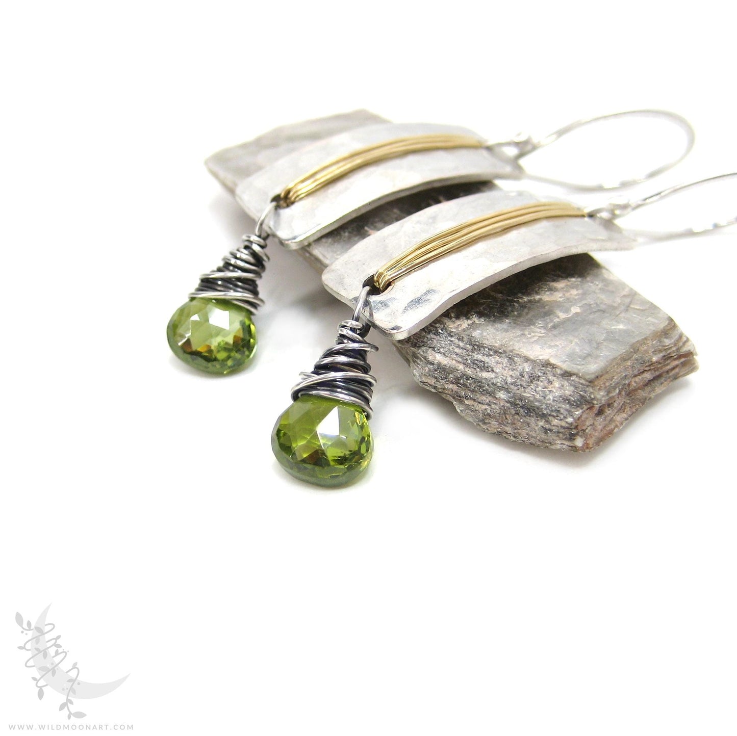 Peridot Earrings · Hammered Sterling Silver & Brass Mixed Metal Dangle Earrings