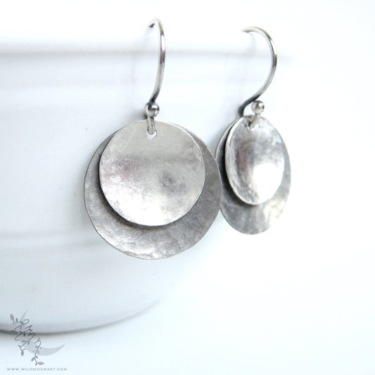 Sterling Silver Earrings · Mixed Metal Hammered Two Tone Silver Dangle Earrings (m)