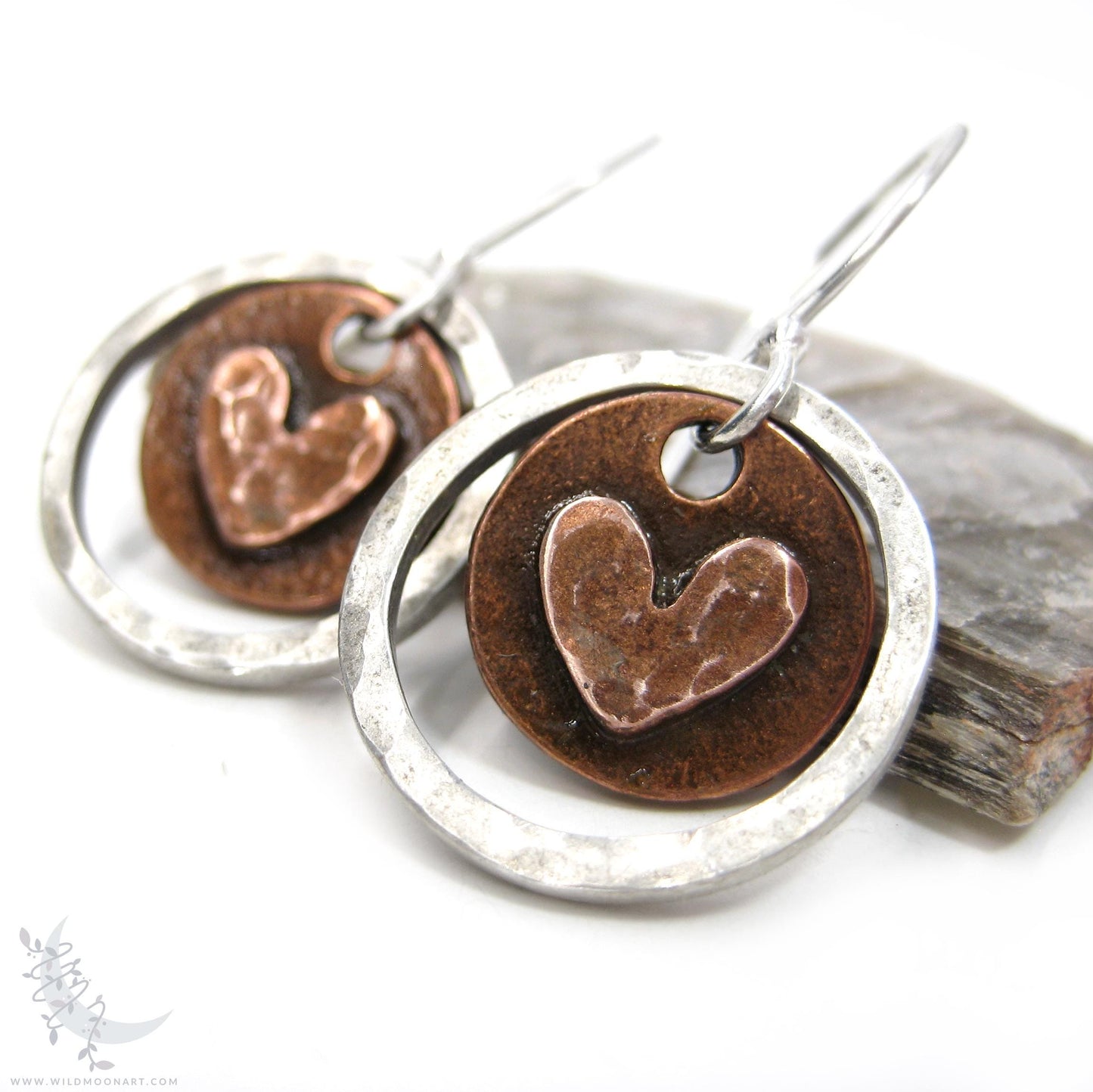 Heart Earrings · Mixed Metal Sterling Silver & Copper Hammered Valentine Rustic Dangle Earrings