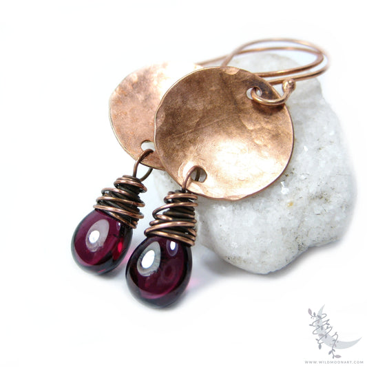 Garnet Copper Earrings · Hand Hammered Copper Dangle Earrings