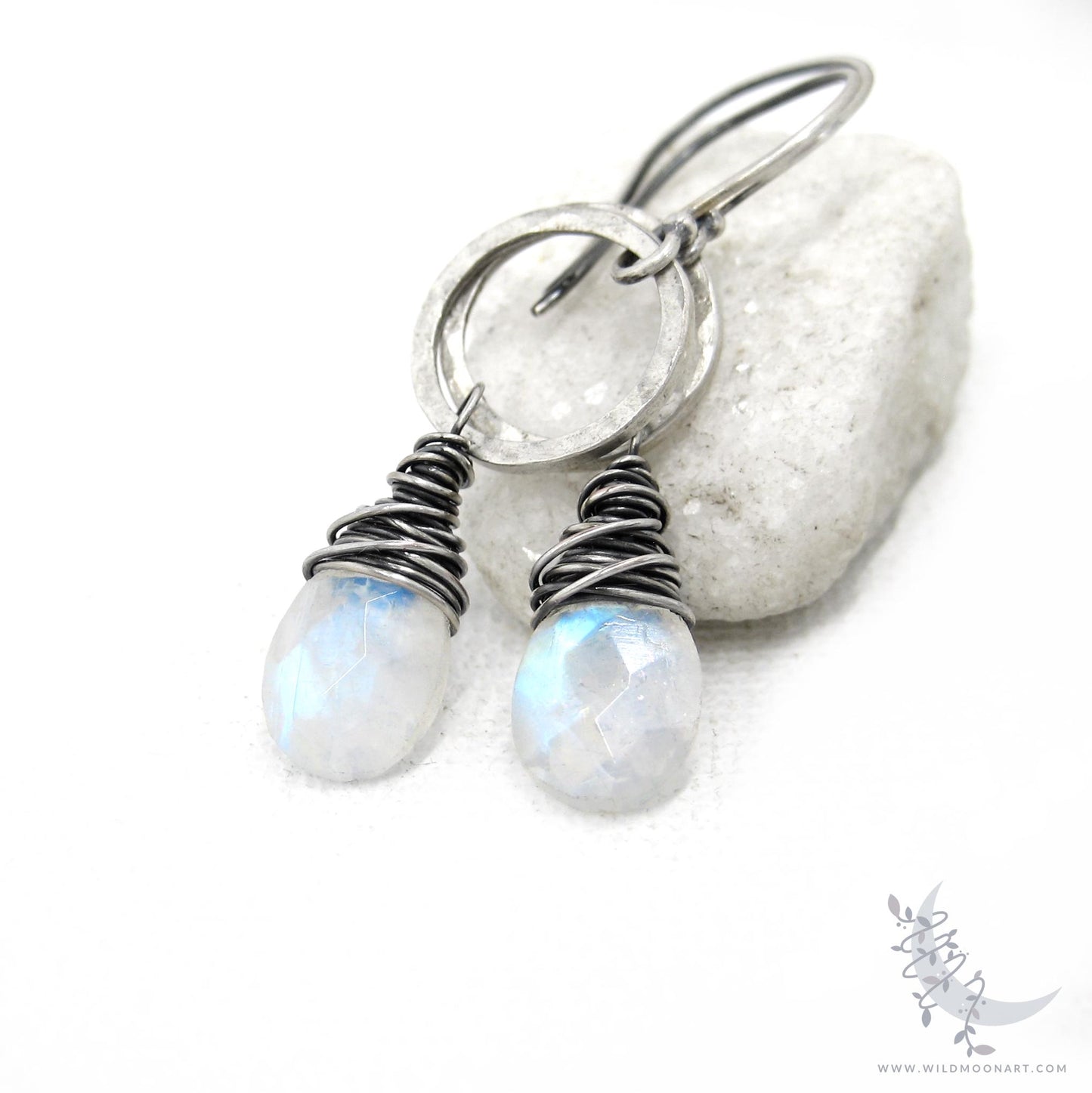 Moonstone Earrings · Hammered Sterling Silver Dangle Earrings