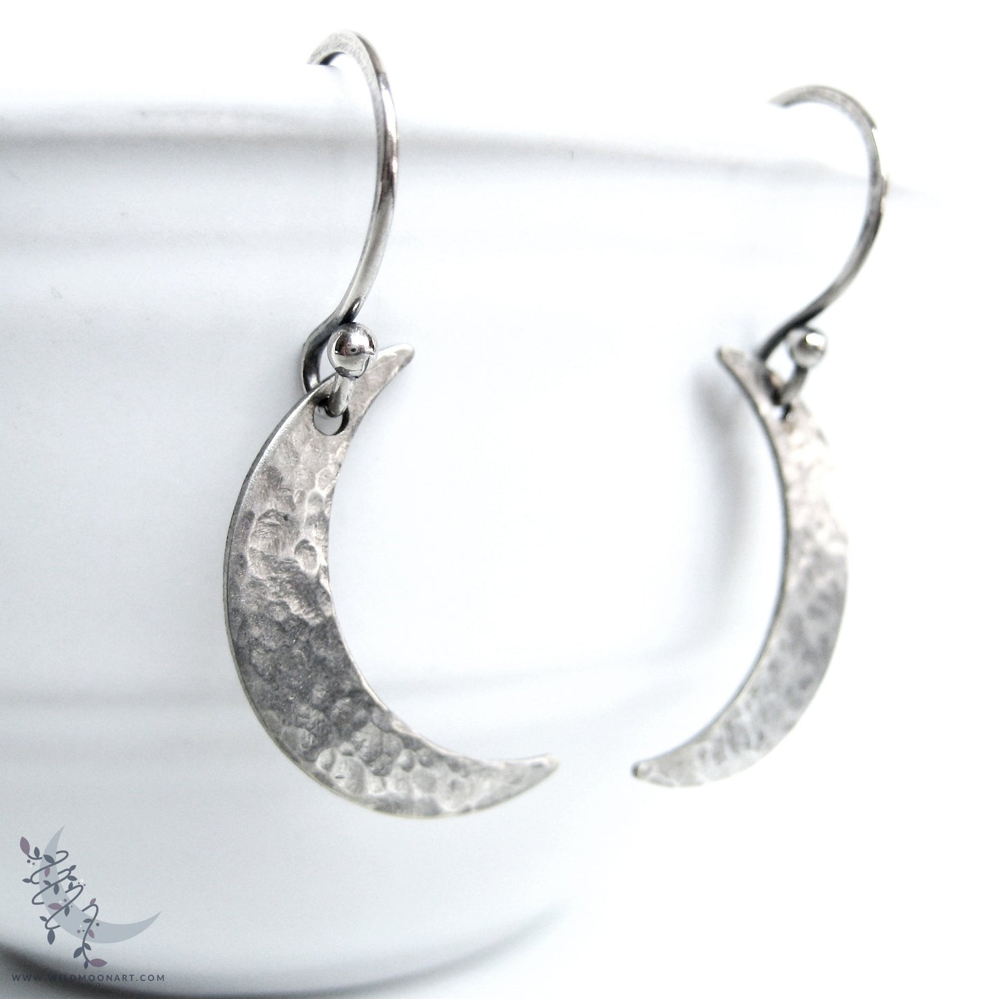 Silver Moon Earrings · Sterling Silver Handmade Hammered Crescent Moon Dangle Earrings