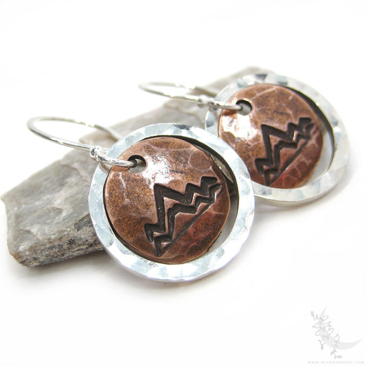 Mountain Earrings · Mixed Metal Sterling Silver & Copper Hammered Dangle Earrings
