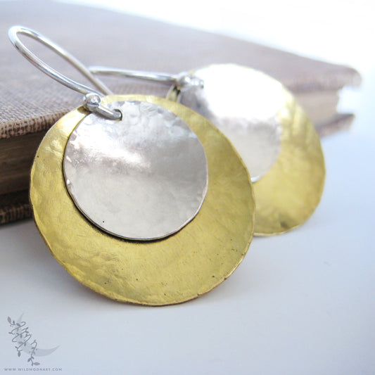 Mixed Metal Brass & Sterling Silver Earrings · Hand Hammered Coin Dangle Earrings (lg)