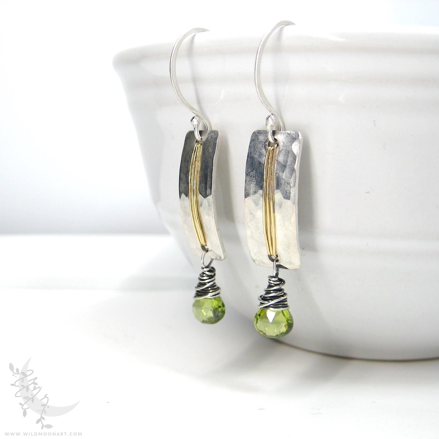 Peridot Earrings · Hammered Sterling Silver & Brass Mixed Metal Dangle Earrings