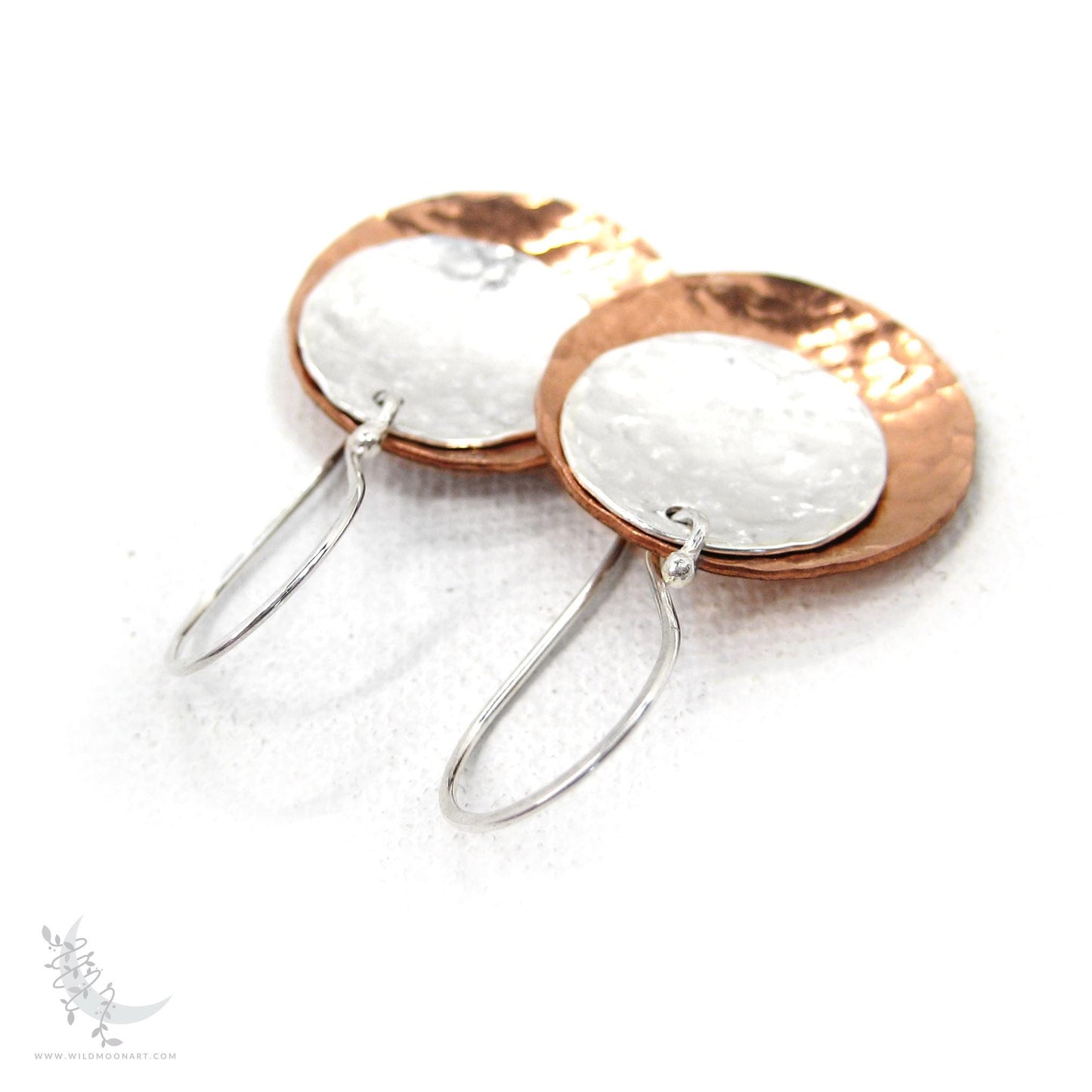 Mixed Metal Copper & Sterling Silver Earrings · Hand Hammered Coin Dangle Earrings (m)