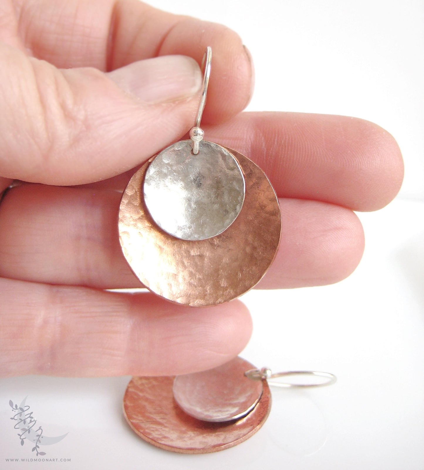 Mixed Metal Copper & Sterling Silver Earrings · Hand Hammered Coin Dangle Earrings (lg)