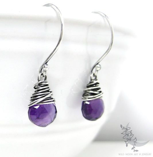 Dainty Amethyst Earrings · Sterling Silver Dangle Earrings