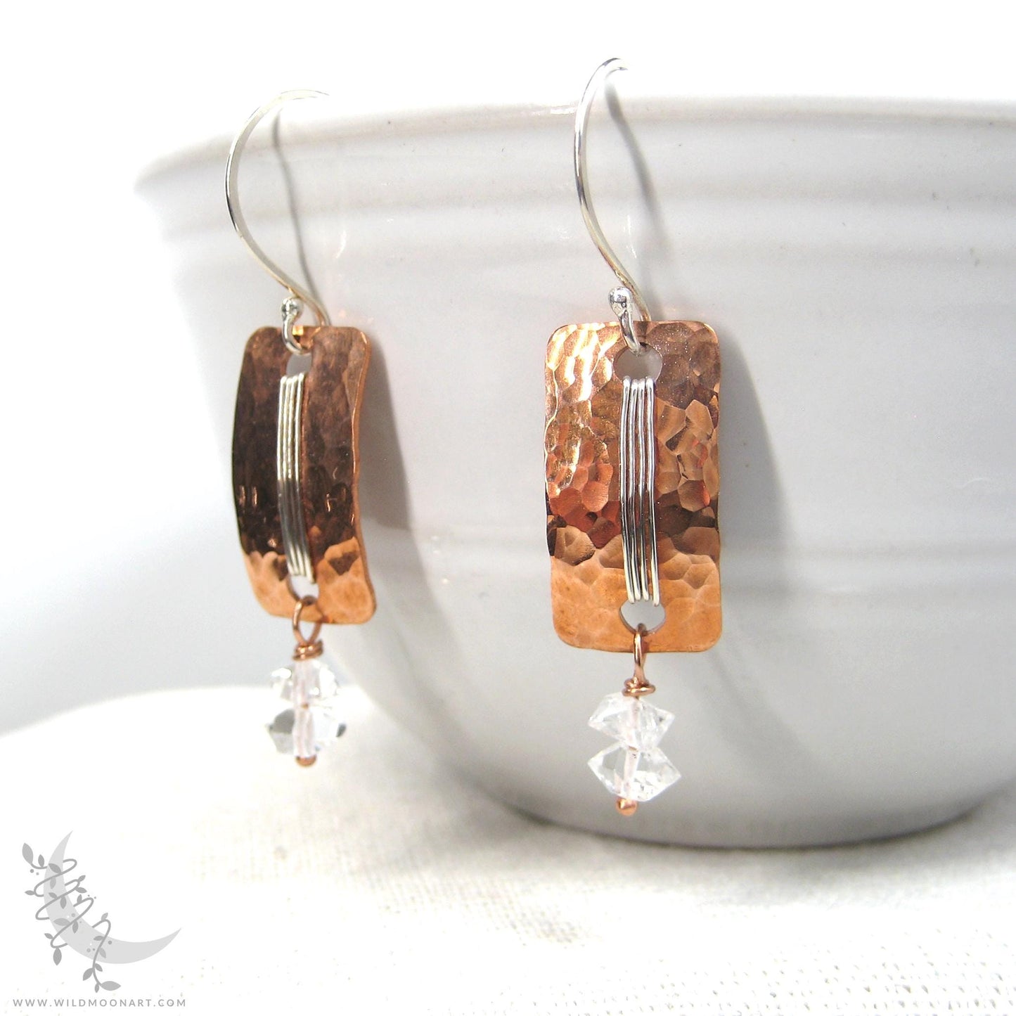 Herkimer Diamond Copper Earrings · Hammered Mixed Metal Sterling Silver Rectangle Dangle