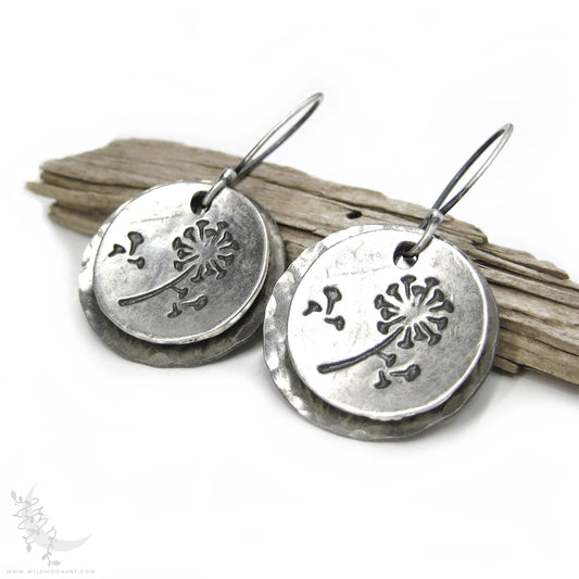 Dandelion Earrings · Hand Hammered Sterling Silver Rustic Flower Dangle Earrings
