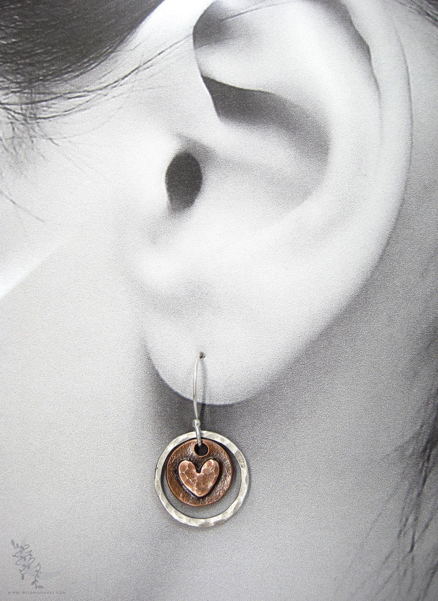 Heart Earrings · Mixed Metal Sterling Silver & Copper Hammered Valentine Rustic Dangle Earrings