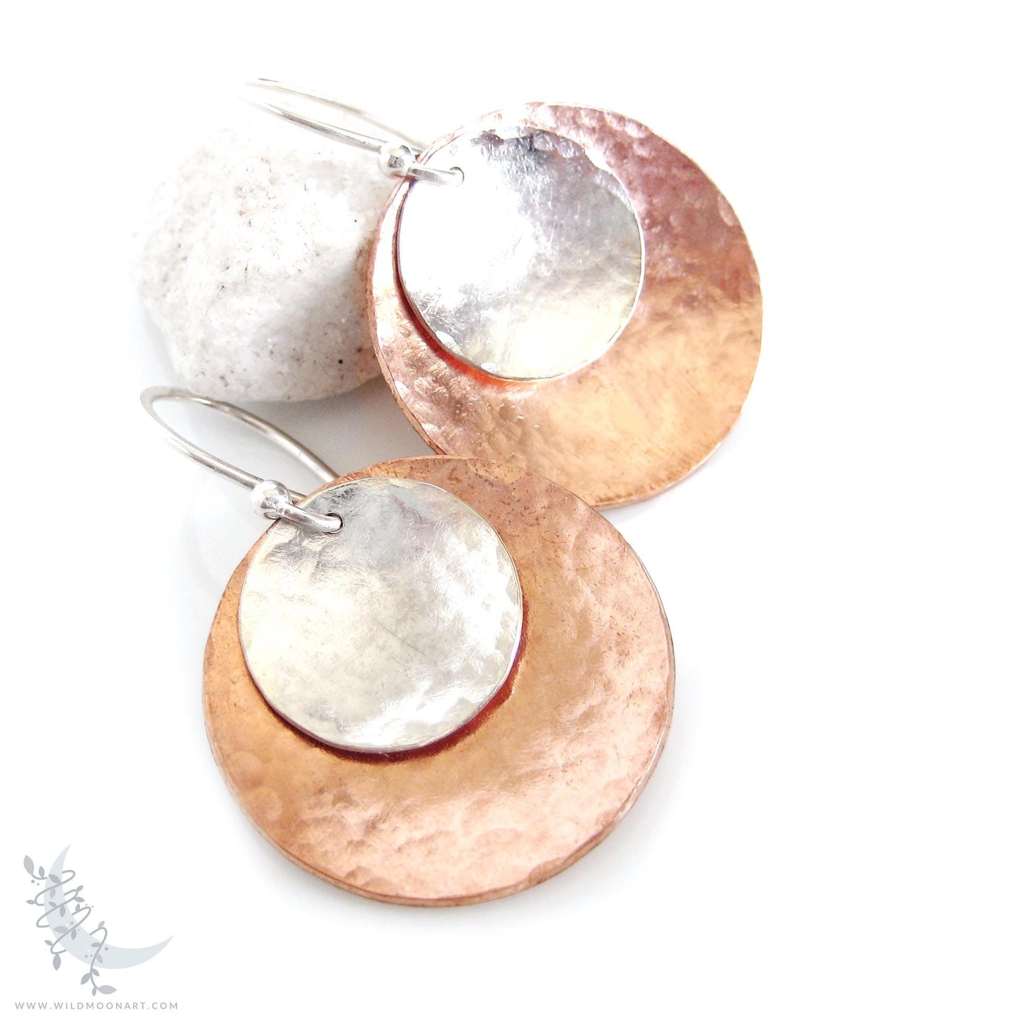 Mixed Metal Copper & Sterling Silver Earrings · Hand Hammered Coin Dangle Earrings (lg)