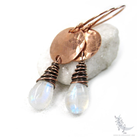 Moonstone Earrings · Hammered Copper Dangle Earrings
