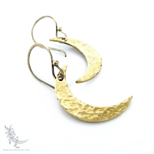 Golden Moon Earrings · Handmade Hammered Brass Crescent Moon Dangle Earrings