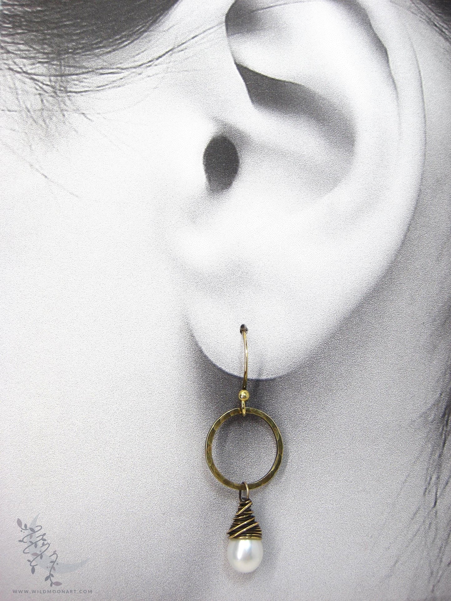 Pearl Earrings · Freshwater Pearl & Hand Hammered Brass Dangle Earrings
