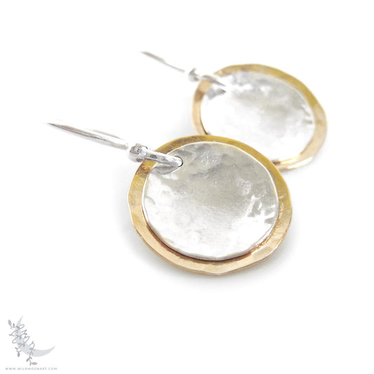 Gold & Sterling Silver Earrings · Mixed Metal Hand Hammered 14k Gold Filled Coin Dangle Earrings