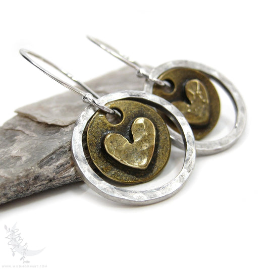 Heart Earrings · Mixed Metal Sterling Silver & Brass Hammered Rustic Valentine Dangle Earrings
