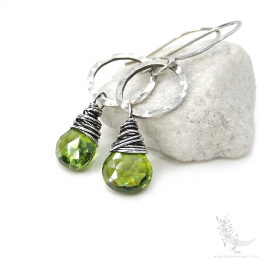 Peridot Earrings · Hammered Sterling Silver Peridot Dangle Earrings