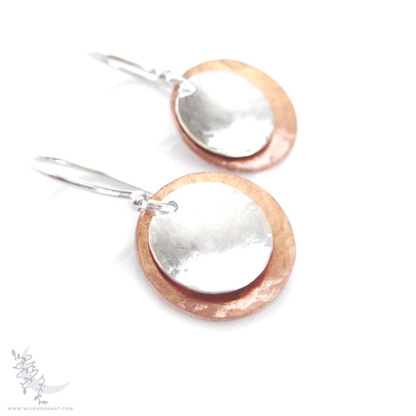 Mixed Metal Copper & Sterling Silver Earrings · Hand Hammered Coin Dangle Earrings (s)