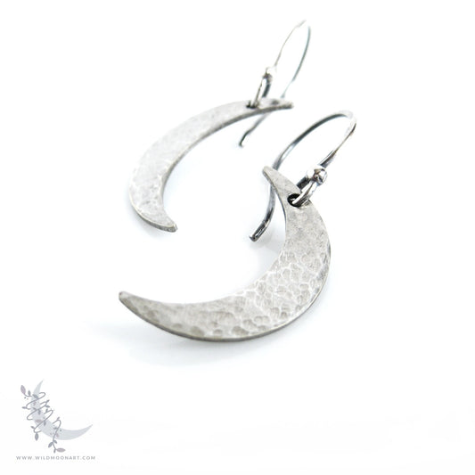 Silver Moon Earrings · Sterling Silver Handmade Hammered Crescent Moon Dangle Earrings