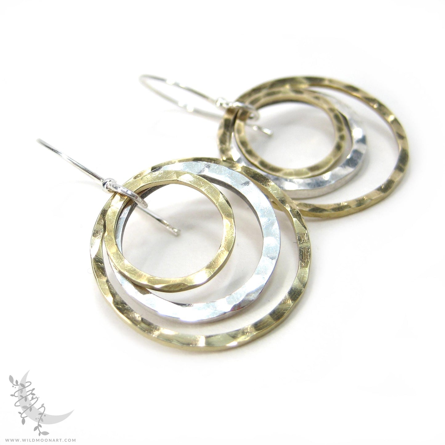 Mixed Metal Brass & Sterling Silver Earrings · Hammered Circle Dangle Earrings