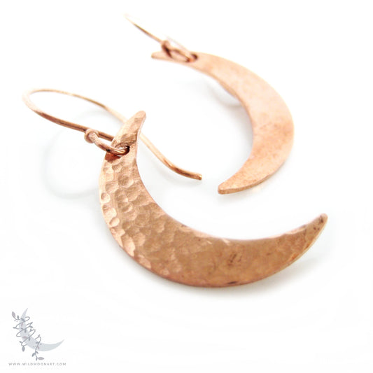 Copper Moon Earrings ·  Handmade Hammered Crescent Moon Dangle Earrings