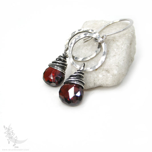 Garnet Earrings · Hammered Sterling Silver Dangle Earrings