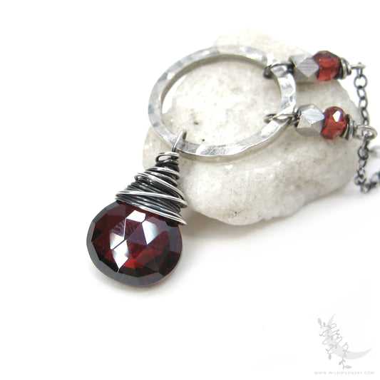 Garnet Necklace · Sterling Silver Hammered Silver Red Garnet Pendant