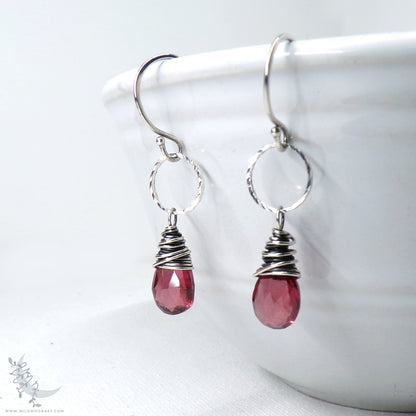 Dainty Garnet Earrings · Sterling Silver Dangle Earrings