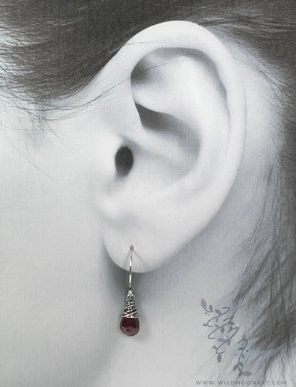 Dainty Garnet Earrings · Sterling Silver Dangle Earrings