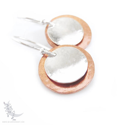 Mixed Metal Copper & Sterling Silver Earrings · Hand Hammered Coin Dangle Earrings (s)