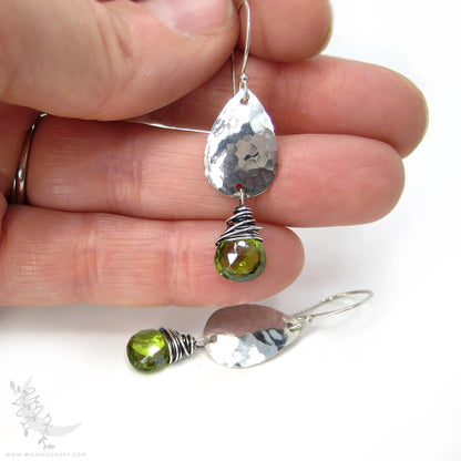 Peridot Earrings · Hammered Teardrop Sterling Silver Dangle Earrings