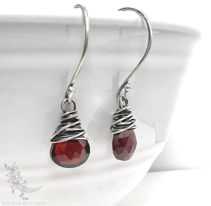 Dainty Garnet Earrings · Sterling Silver Dangle Earrings