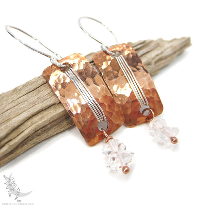 Herkimer Diamond Copper Earrings · Hammered Mixed Metal Sterling Silver Rectangle Dangle