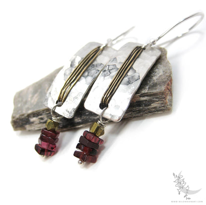 Garnet Earrings · Hammered Mixed Metal Sterling Silver & Gold Brass Rectangle Dangle Earrings
