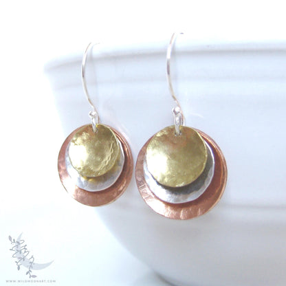 Mixed Metal Copper, Brass & Sterling Silver Earrings · Tri Tone Hammered Dangle Earrings