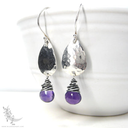 Amethyst Earrings · Hammered Teardrop Sterling Silver Dangle Earrings