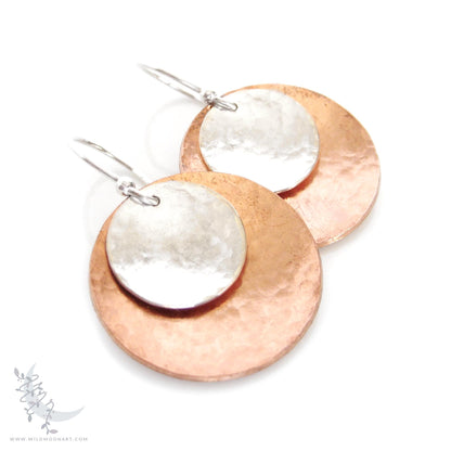 Mixed Metal Copper & Sterling Silver Earrings · Hand Hammered Coin Dangle Earrings (lg)