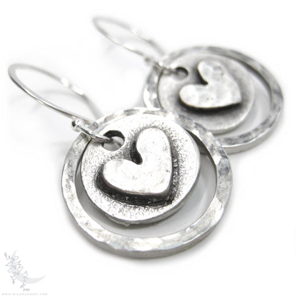 Heart Earrings · Hand Hammered Sterling Silver Rustic Valentine Dangle Earrings