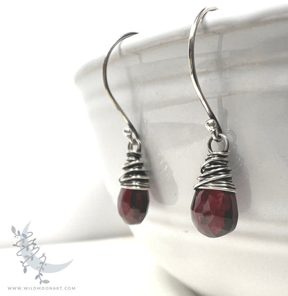 Dainty Garnet Earrings · Sterling Silver Dangle Earrings