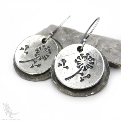 Dandelion Earrings · Hand Hammered Sterling Silver Rustic Flower Dangle Earrings