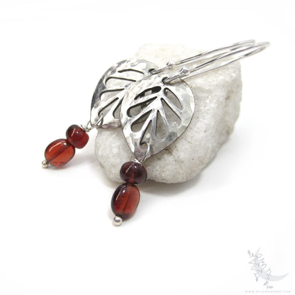 Garnet Leaf Earrings, Sterling Silver Hammered Dangle Earrings