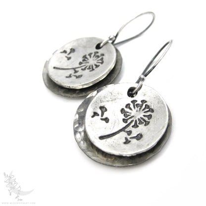 Dandelion Earrings · Hand Hammered Sterling Silver Rustic Flower Dangle Earrings