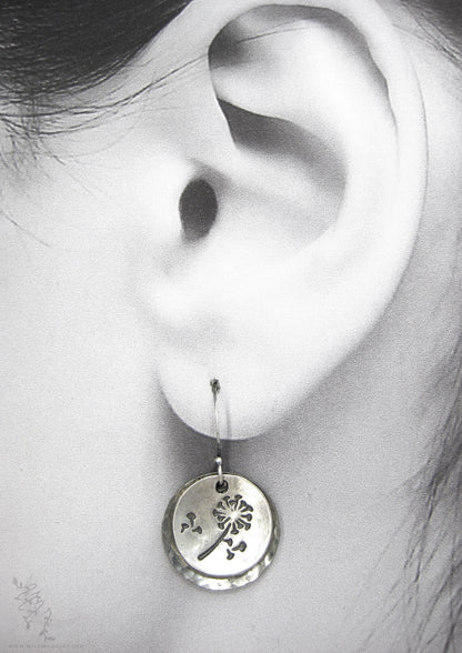 Dandelion Earrings · Hand Hammered Sterling Silver Rustic Flower Dangle Earrings