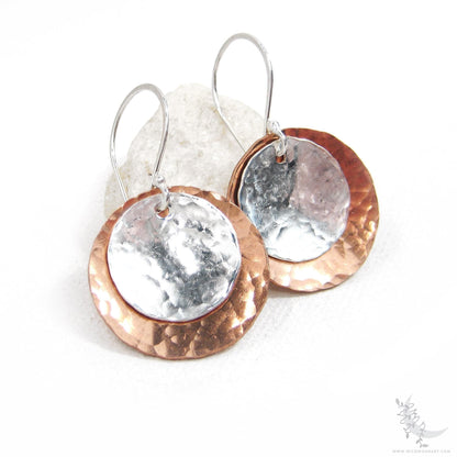 Mixed Metal Copper & Sterling Silver Earrings · Hand Hammered Coin Dangle Earrings (m)