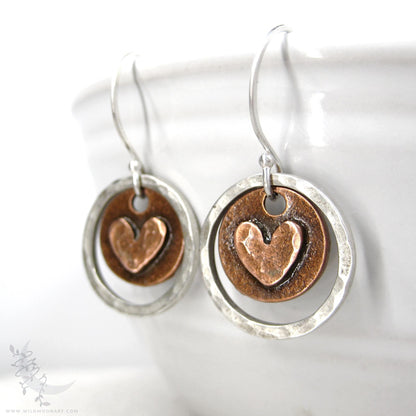 Heart Earrings · Mixed Metal Sterling Silver & Copper Hammered Valentine Rustic Dangle Earrings